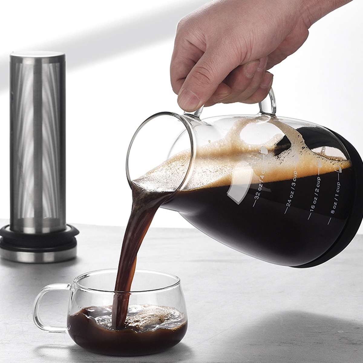 Aparat de cafea si ceai cu gheata, material sanatos din sticla borosilicata asigura un gust proaspat, aparat de bere multifunctional cu filtru cu plasa fina pentru prepararea de precizie, capacul ermetic mentine bauturile proaspete, 960 ml