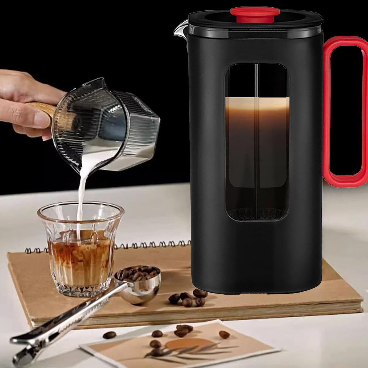 Cafetiera French Press, carcasa protectoare din material PP, cafetiera rezistenta la caldura cu sistem de filtrare din otel inoxidabil