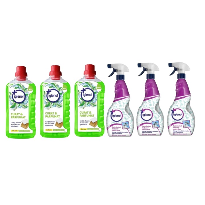 Set Curatenie Universal Igienol Variety, 3 x Solutie Pardoseli 1L Magnolie x Solutie Dezinfectant Baie 750ml, rapid si eficient, testat dermatologic, prospetime de lunga durata, elimina mirosuri neplacute