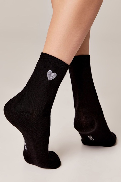 Sosete dama din bumbac cu imprimeu Inima din sclipici, Conte Classic 427, Negru