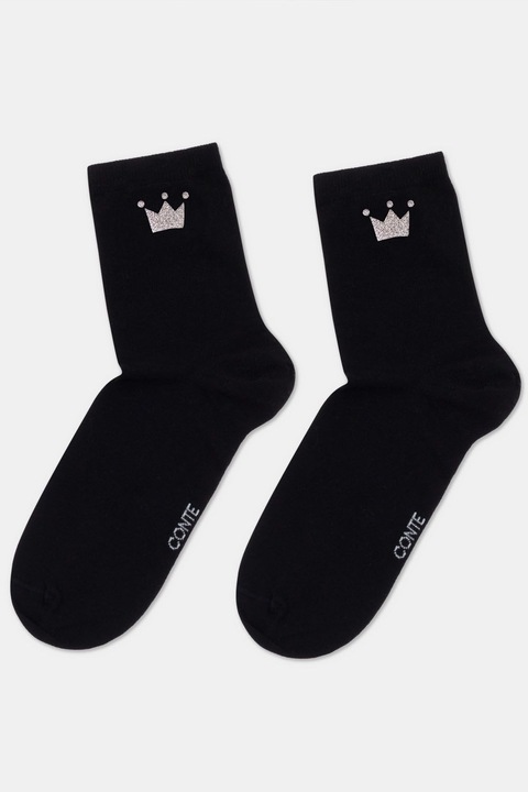 Sosete dama din bumbac cu imprimeu din sclipici Queen, Conte Classic 430, Negru