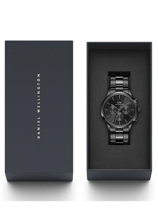 Хронографски часовник Daniel Wellington Iconic, японски кварц, водоустойчив 5 ATM, черен, стоманена гривна