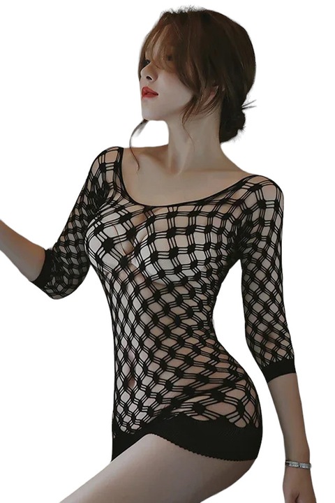 Lenjerie sexy dama, rochie scurta cu maneci lungi, model senzual plasa transparenta, tematica blow your mind, EFAYN, Negru, One Size