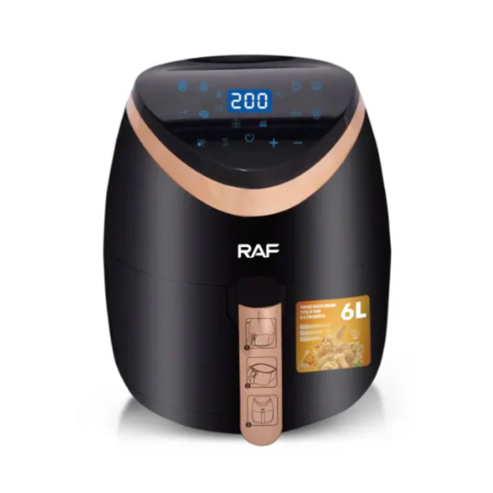 Air Fryer RAF R.5234, Forró levegő, olaj nélkül, Digitális érintőképernyő, 6L, 2400W, 360°-os légkeringtetés, Fekete + Digitális Szakácskönyv