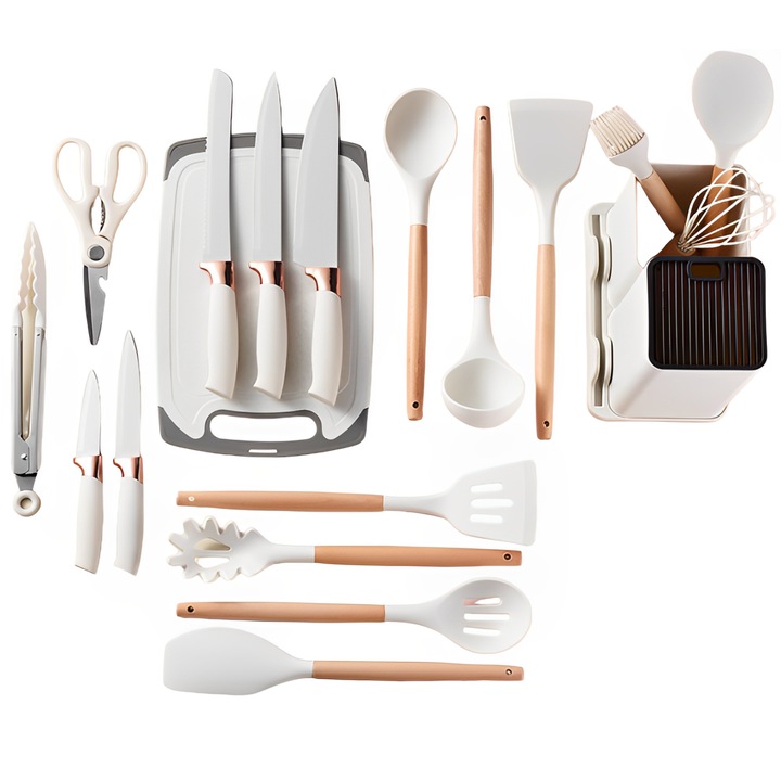 Set ustensile de bucatarie din silicon, tocator, cutite, suport, Alb, 19 piese
