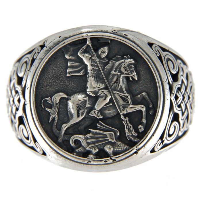 Inel barbatesc din argint 925 oxidat, Sfantul Gheorghe, aprox. 13.30 g, model statement