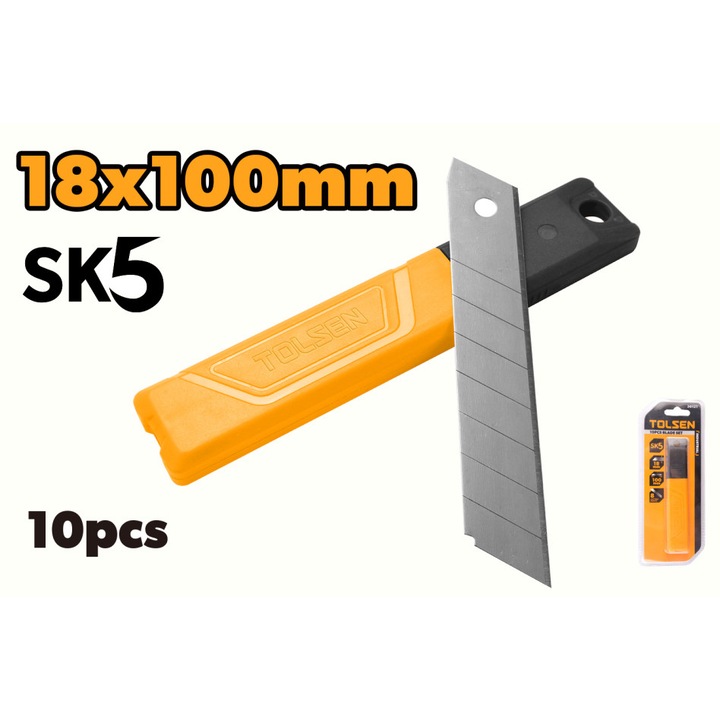 Set 10 Lame Cutter TOLSEN 18x100mm Otel SK5 Grosime 0.6mm - Produs calitate profesionala TOLSEN, unelte profesionale taiere de inalta calitate, rezistente si durabile, design ergonomic confortabil - Instrument profesional pentru taiere precisa, material d