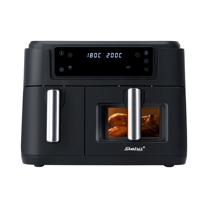 Friteuza cu aer cald Air Fryer Steba Germany, HF 9500 DUO, capacitate 9.5 litri, 2 cosuri de gatit, 10 programe automate, timer 60 min, temperatura reglabila, protectie supraincalzire, 2400 W, negru/inox