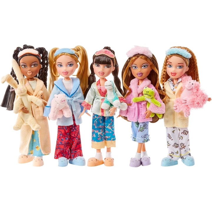 Set 5 Papusi Bratz Slumber Party Yasmin Cloe Sasha Jade Meygan Cu Seturi de Pijamale, Plus Si Accesorii
