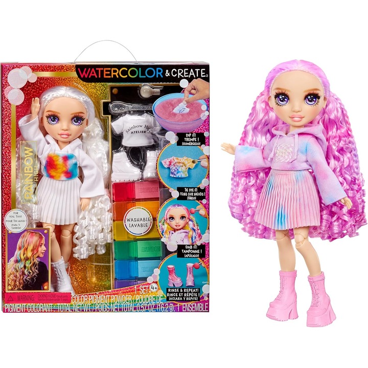 Rainbow High Watercolor & Create Fashion DIY baba, mosható akvarell, lila szemekkel és hullámos hajjal, 28 cm