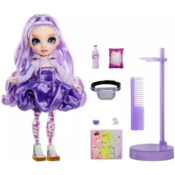 Rainbow High Sparkle & Shine baba, Viola, 28 cm, csillogó flitterekkel a lábrészben, kiegészítőkkel