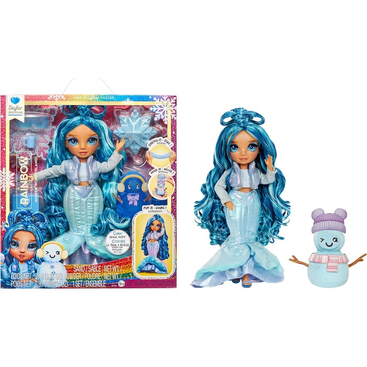 Rainbow High Winter Wonderland Skyler Blue 28 cm baba varázshóval, ruhába rejtett varázshóval és hóember készlettel