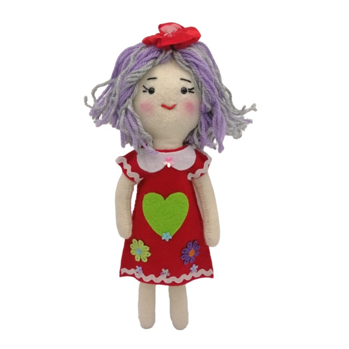 Papusa cu par scurt mov, cu rochie rosie, din fetru