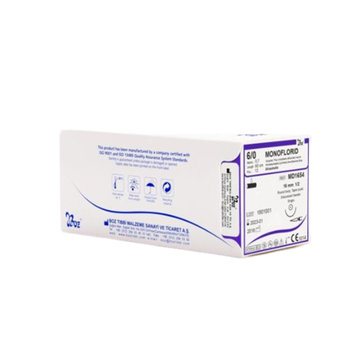 Varratok, nem felszívódó, monofil pvdf / Monoflorid usp 4/0 19 mm, 3/8 fordított vágóél 75 cm egytű kék, 12 db