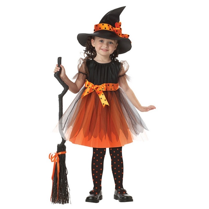 Little Witch Girls Halloween jelmez, Funny Party Shop®, narancssárga, 7-8 éves korig