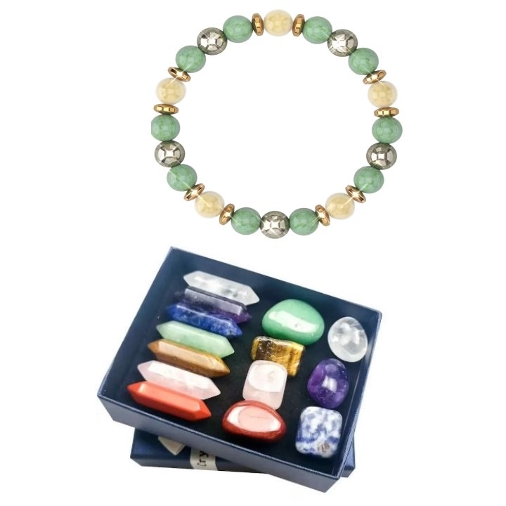 Set Bratara Autentica Feng Shui cu Cristale Naturale si 7 Cristale Semipretioase cu Dublu Varf, SUPER TRENDS®, Cristale Vindecatoare pentru Meditatie, Echilibru Energetic, Yoga, Ameliorarea Anxietatii