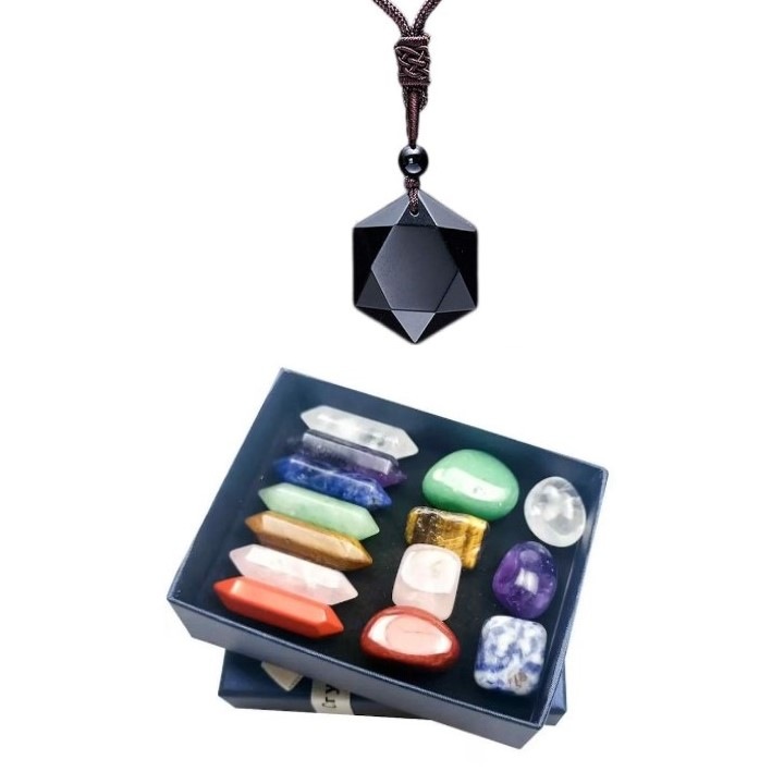 Set de 7 Pietre Semipretioase Polisate si 7 Cristale Semipretioase cu Dublu Varf si Colier cu Pandantiv din Obsidian Negru Natural in Forma de Hexagrama, SUPER TRENDS®, Cristale Vindecatoare pentru Meditatie, Yoga, Ameliorarea Anxietatii