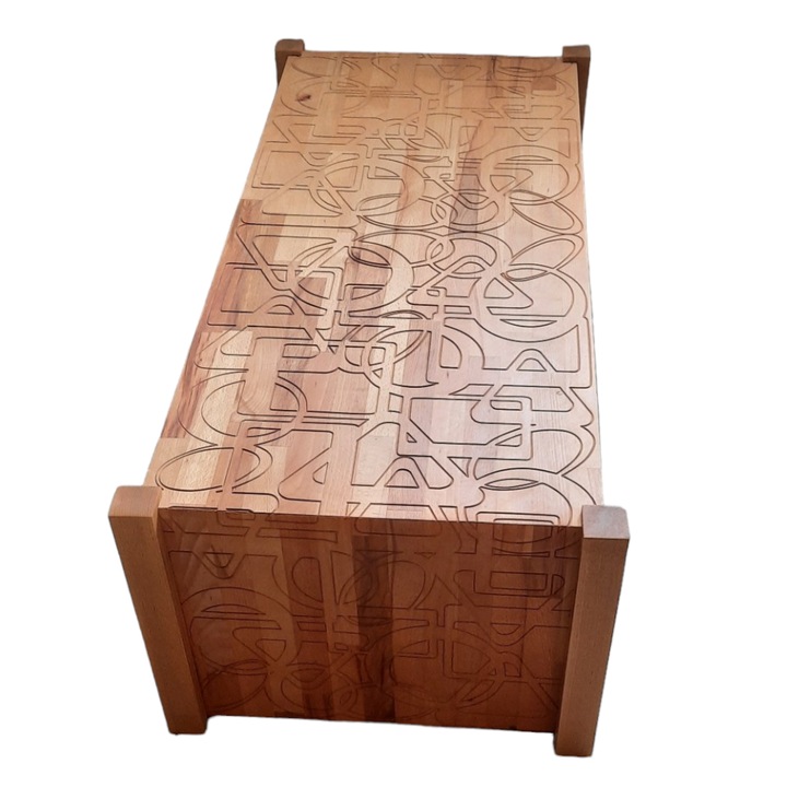 Masuta De Cafea, Lemn De Fag Sculptat, Unicat, Model Geometric, Culoare Fag Inchis,120x52x42 cm