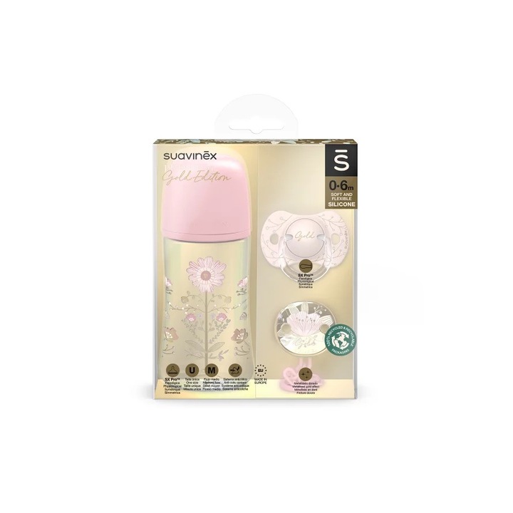 Set biberon 270ml + suzeta 0-6m + lantisor Roz Gold Premium, Suavinex