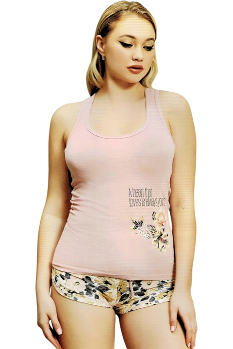 Pijama dama, 2 piese, cu maiou si pantaloni scurti, StarFashion, 95% bumbac si 5% elastan, roz pudra, OneSize