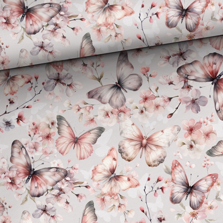 Material textil, Tricot french terry, Tricot trening imprimat Fluturi pe crengi, bumbac 95%, elastan 5%