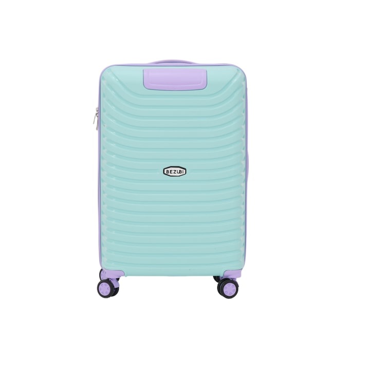 Среден куфар Bezubi Easy Travel, ръчен багаж, 71x44x32, обем 88 литра, телескопична дръжка, 4 безшумни двойни колела, въртене на 360 градуса, затваряне с цип и цифри, разделяне с джоб, специален нечуплив гъвкав PP материал, лилаво-тюркоазен