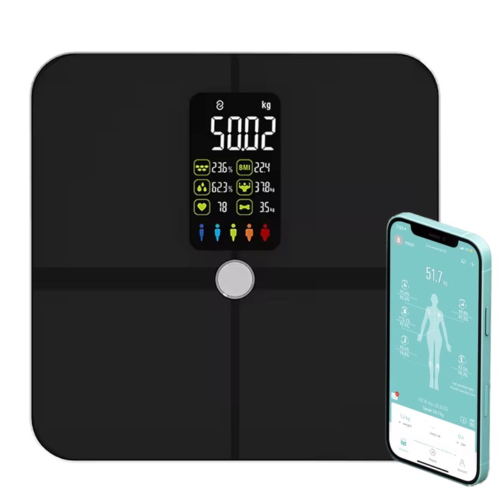 Cantar Electronic de Baie Inteligent XPLORS®, 22 Indicatori Corporali, 4 Senzori G de Precizie, Analiza Corporala Avansata, Rapoarte de Evolutie, Ecran Digital Maxi, 180kg Greutate Maxima, 24 Utilizatori, Bluetooth, Sincronizare iOS/Android, Negru