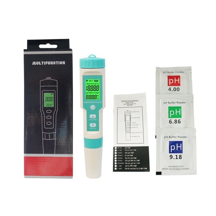 Aparat de masurat calitate apa 7-in-1, Demiseb®, Multifunctional, PH, salinitate, TDS, EC, temperatura, ORP, S.G, cu ecran iluminat LDC HD, impermeabil, util pentru apa de consum, Verde