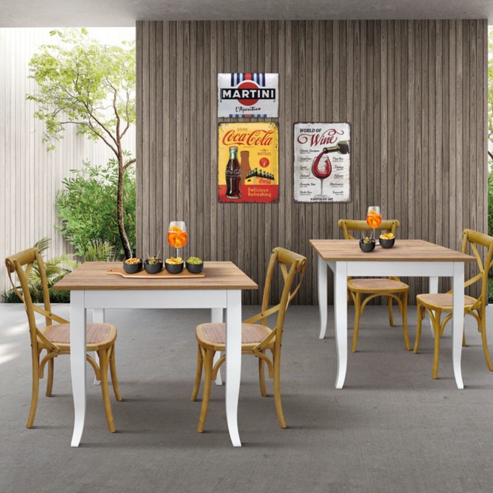 Masa fixa Isabela, baza lemn alb, blat finisaj rustic 80cm/80cm