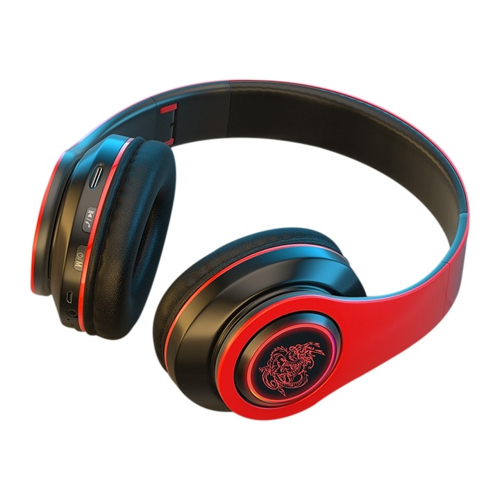 Casti wireless Over-Ear, Subwoofer, Bluetooth, wireless, suport card TF, rosu cu negru