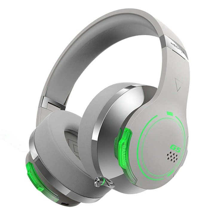 Casti wireless Over-Ear, Bluetooth, fara fir, Iluminare RGB pentru jocuri, Sunet de calitate, Gri
