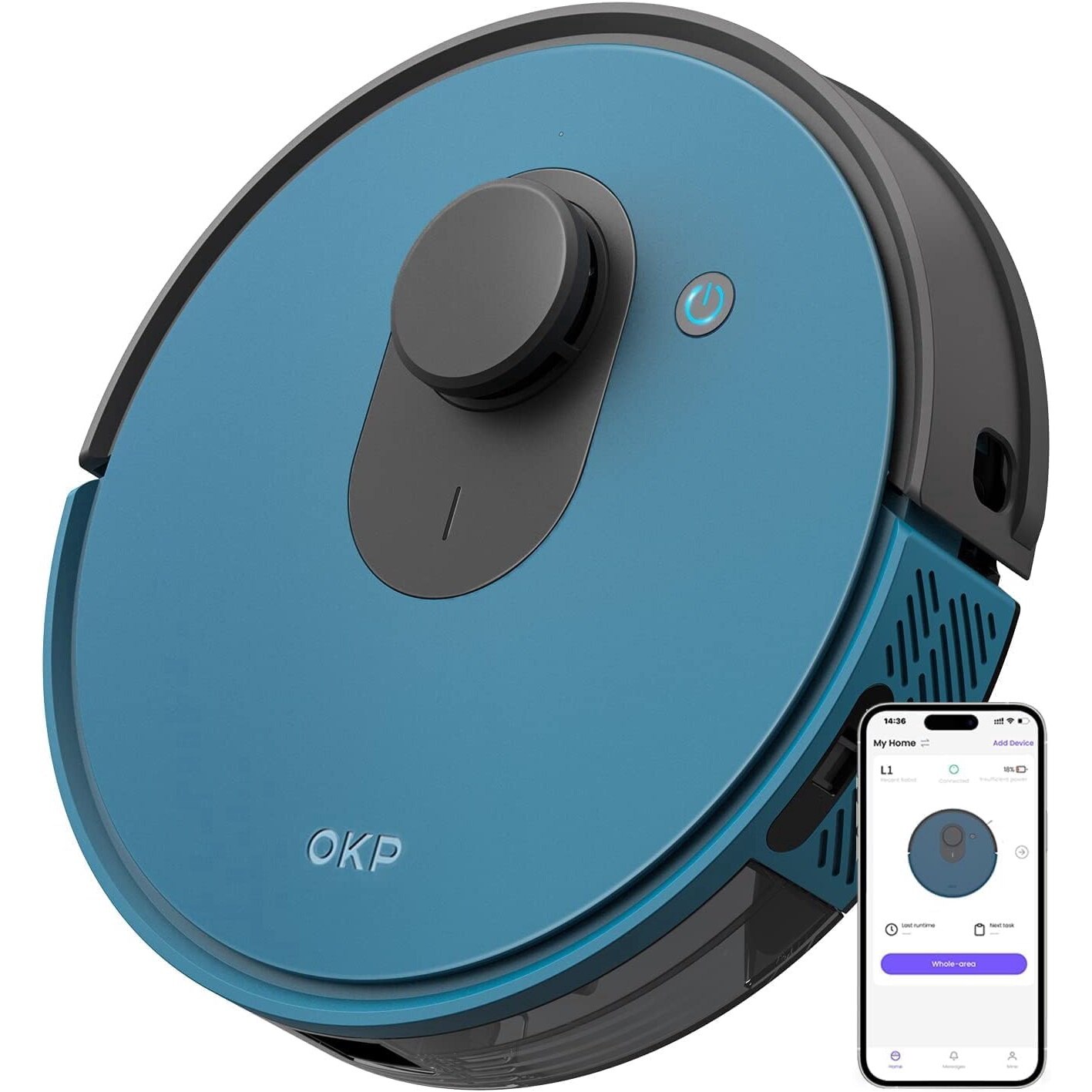 Aspirator robot OKP OKP-L1, subtire, auto-incarcare, recipient vizibil, compatibil Alexa, pentru parchet si par de animale, 600ml