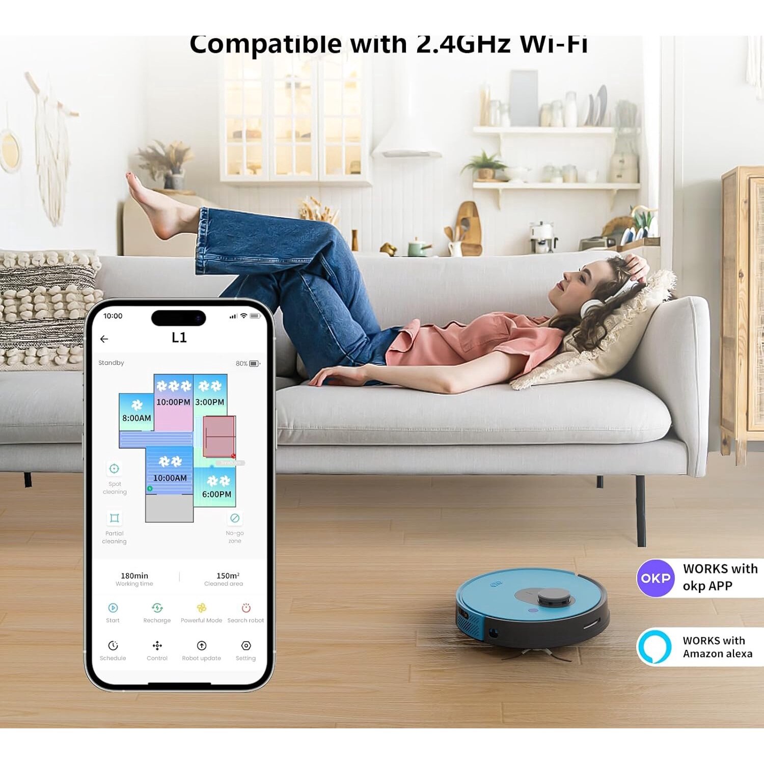 Aspirator robot OKP OKP-L1, subtire, auto-incarcare, recipient vizibil, compatibil Alexa, pentru parchet si par de animale, 600ml