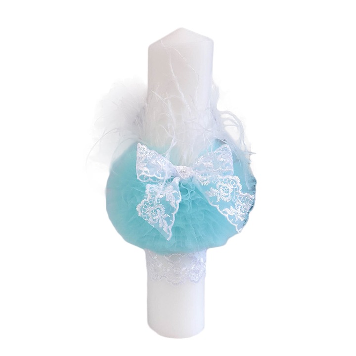 Lumanare botez, model Pene, glob culoare turcoaz