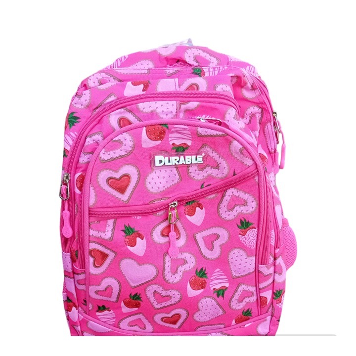 Ghiozdan scolar 4 compartimente, 2 buzunare laterale, fete roz, model Inimioare, 45x30x13 cm