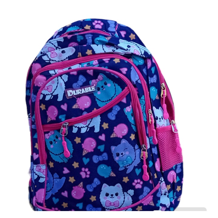 Ghiozdan scolar 4 compartimente, 2 buzunare laterale, fete, multicolor, model Pisicute 45x30x13 cm