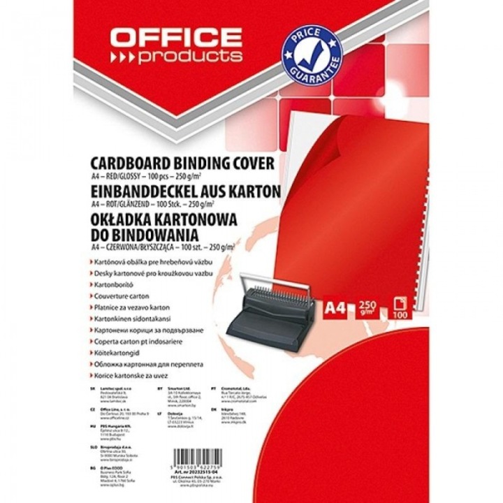 Set 100 coperti de legat, Office, A4, carton lucios, 250gsm, rosu