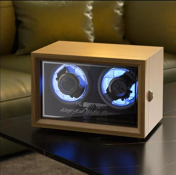 Cutie intors ceasuri automatice, AB Luxury Concept®, Watch Winder, 2 compartimente, lumini LED, design modern si elegant, 5 moduri, 4 programe de rotatie, finisaj lemn
