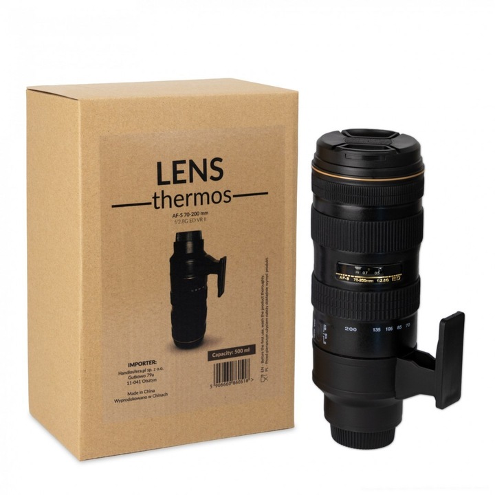 Termos, Luka, Design obiectiv foto, Inox, 500ml, Negru