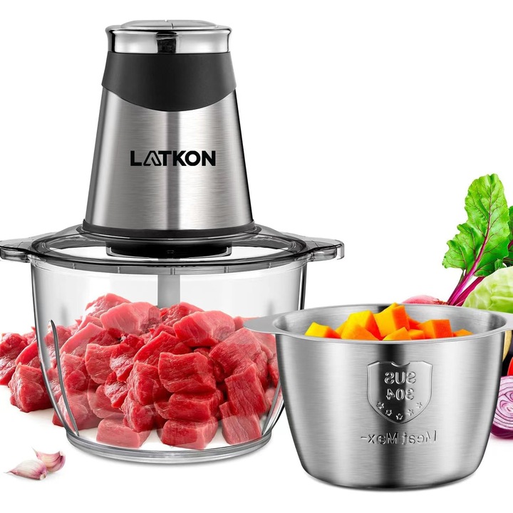 Чопър за храна, Latkon AMJ-217A, 400W, 1.2/2L, Ножове от неръждаема стомана, 2 купи от стъкло и неръждаема стомана, Сребро