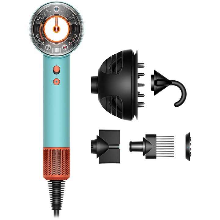 Сешоар Dyson Supersonic Nural HD16 515276-01, 1600 W, 3 степени на скорост, 4 степени на температура, Бързо и интелигентно сушене, Ceramic Patina-Topaz, Син/Оранжев