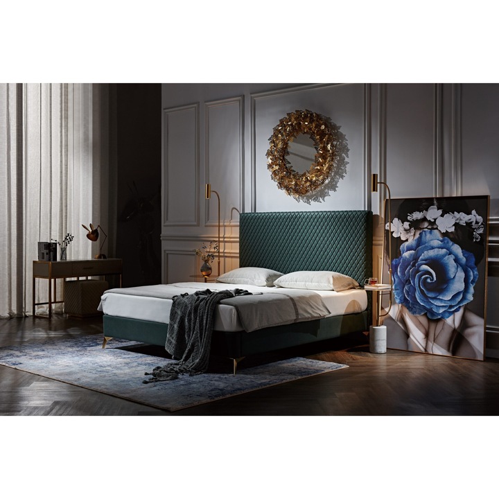 Pat tapitat dormitor, LUCY, elegant, catifea, verde, 180 x 200 cm