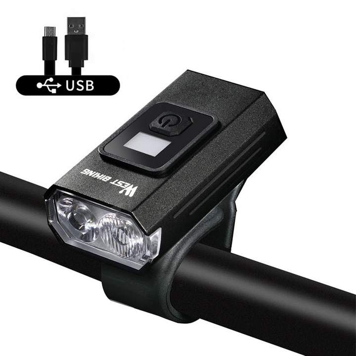 Far lampa frontala 350 lumeni bicicleta, trotineta, West Biking, reincarcabil cu cablu USB, aluminiu, 6 moduri iluminare, lumina bicicleta fata, rezistent la apa IPX-4, potrivire universala, negru