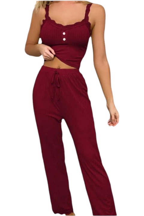 Pijama dama, bustiera si pantaloni lungi, StarFahion, cu dantela, bordo1