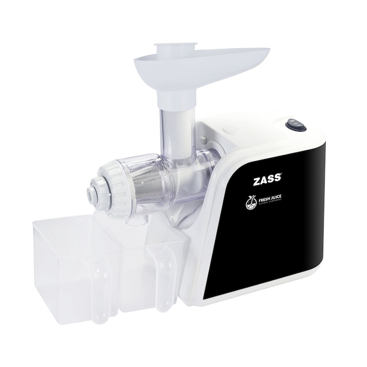 Storcator de rosii si fructe moi ZASS ZTJ 01, 1200 W, Functie reverse, Include 2 recipiente plastic si dispozitiv impingere alimente, Negru-Alb