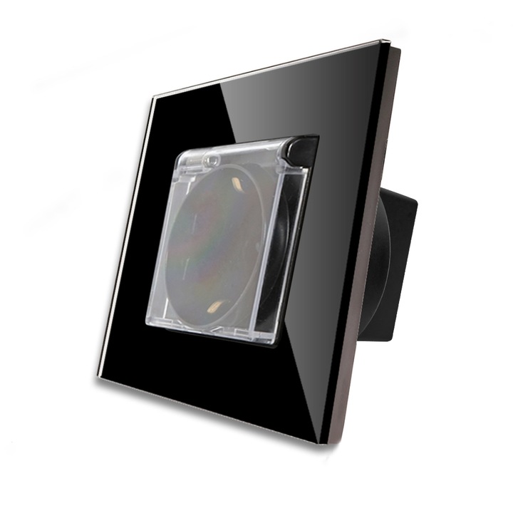 Priza Simpla cu Capac de Protectie cu Rama din Sticla LUXION, Negru, LX-1MP049G-B