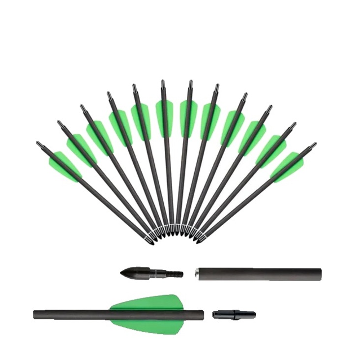 Sageti pentru arbaleta din carbon, 75inch, set 12 bucati, verde, 2 inch pene, compatibil COBRA SYSTEM R9