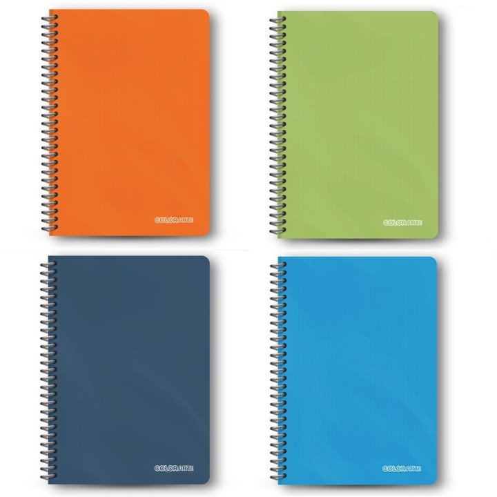 Set 4 caiete cu spira 100 file, coperti plastic, dictando, hartie 70 g/mp, Colorarte