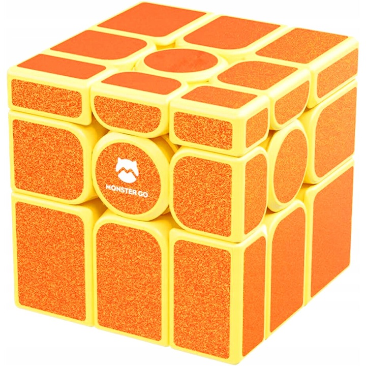 Set Cub Rubik Monster Go Mirror 3x3x3, Kostkoland, fara stickere, galben, cu suport