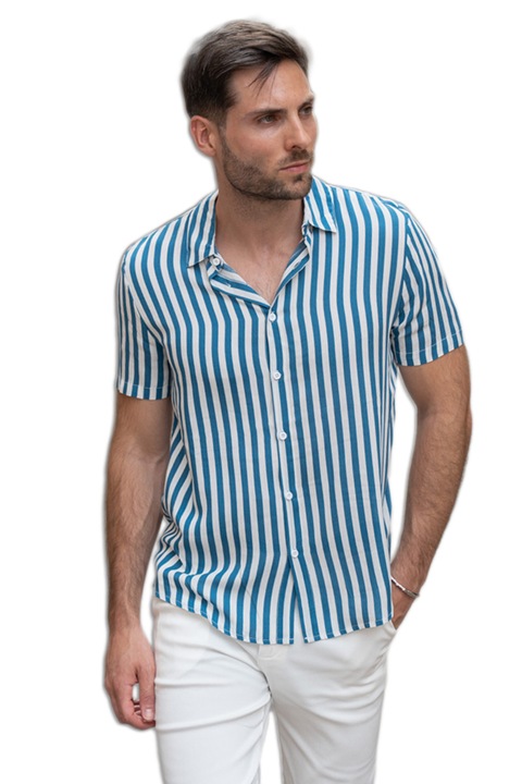 Férfi csíkos ing, rövid ujjú, viszkóz, Fehér/Kék